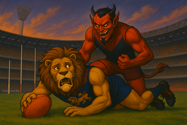 A defeated Lions player cowers as a triumphant Demons figure looms overhead at the Gabba